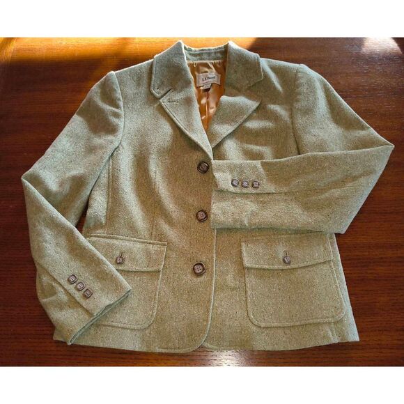 L.L.Bean women's wool silk-blend blazer muted green tweed vintage Size Small pet - Picture 1 of 13